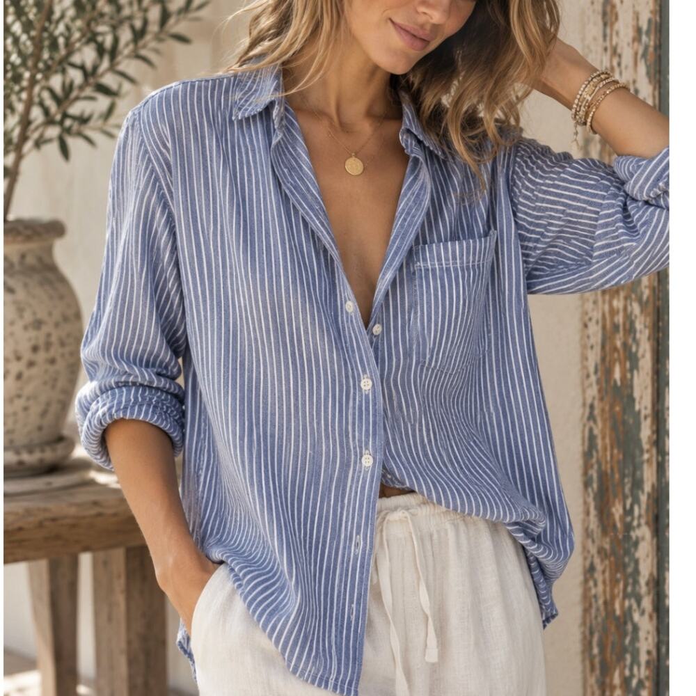 Frank & Eileen Eileen Button Up Shirt Blue White Stripe Modal Soft Relaxed M